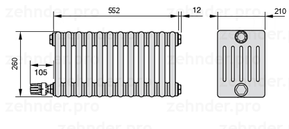 Схема (чертеж) Радиатор Zehnder Charleston 6026/12 №V004 Белый глянцевый RAL 9016